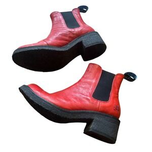 John Fluevog Red Leather Slacker Nap Chelsea Boot Crepe Sole Limited Edition 7.5